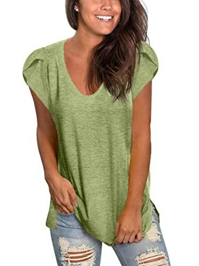Tops Petal Sleeve Summer T Shirts Side Split Casual Basic Tee Shirts 