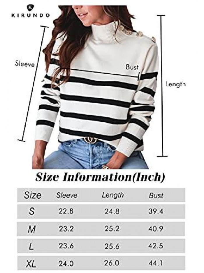 KIRUNDO Winter Women’s Long Sleeves Knit Sweater Turtleneck Striped Print Loose Pullover Tops Deco with Metal Button