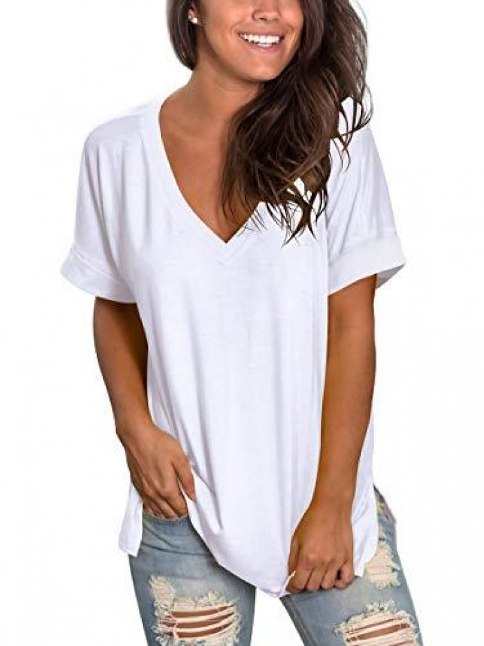 Women's V Neck T Shirt Rolled Sleeve Side Split Tunic Tops Casual 