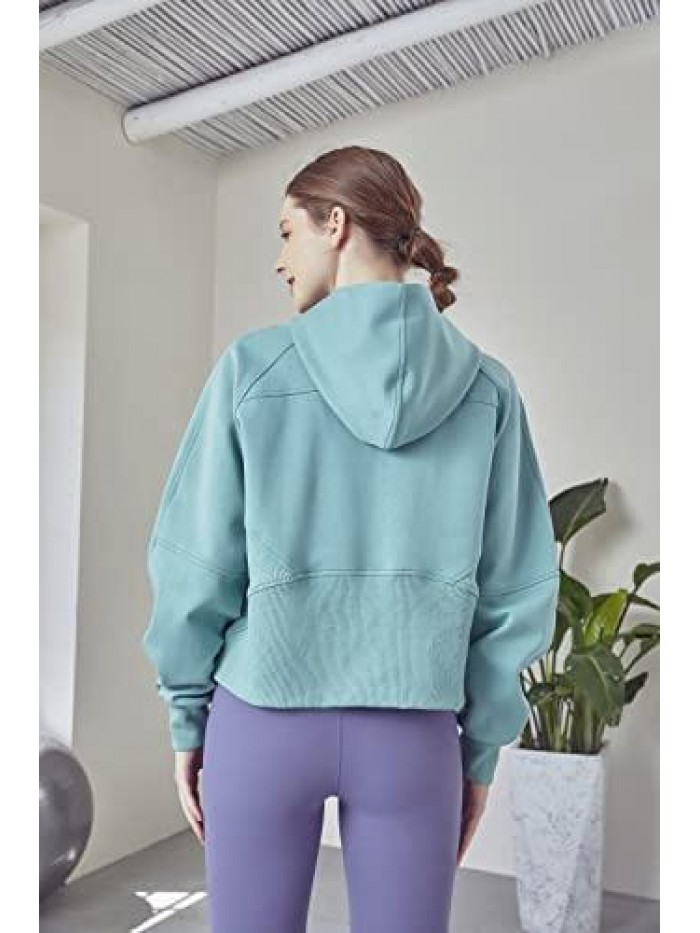 Fleece Lined Hoodies Pullover,Half Zip Pullover Women Fleece Long Sleeve Sweatshirts Crop Tops Fall Winter 
