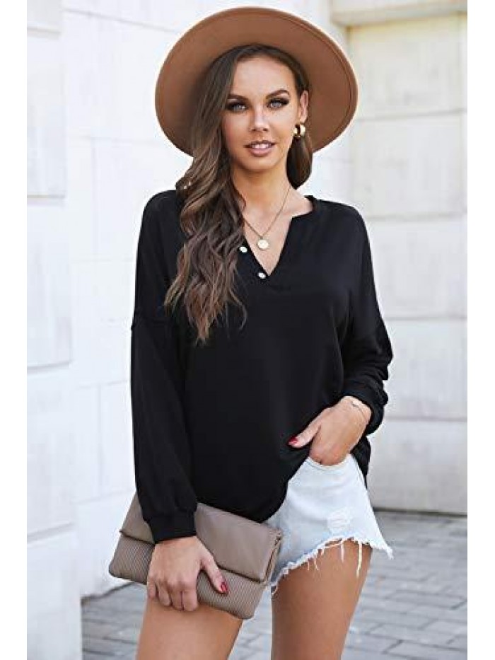 Button Up Long Women T Shirt V Neck Long Sleeve Tops Pullover for Women 