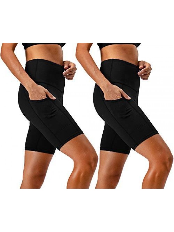 Women's 2-Pack High Waist Workout Yoga Running Exercise Shorts with Side Pockets 
