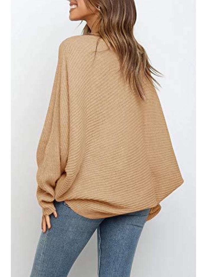 Women's Oversized Crewneck Sweater Batwing Puff Long Sleeve Cable Slouchy Pullover Jumper Tops 