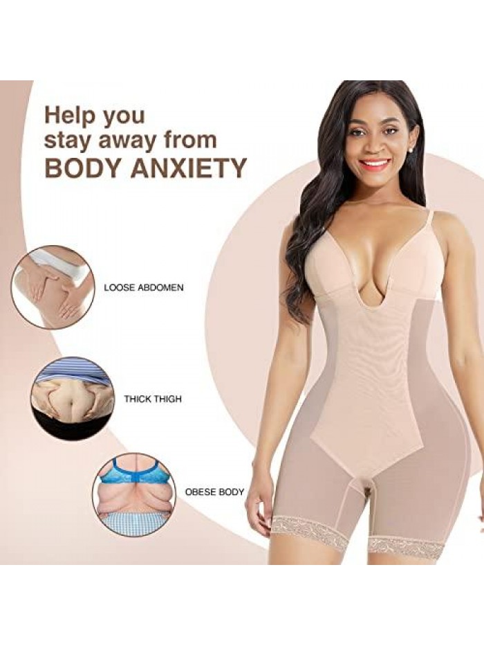 Shapewear for Women Tummy Control Seamless Faja Mesh Built-in Bra Body Shaper with U Plunge 
