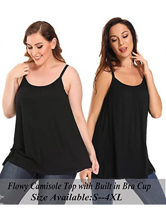 Cami with Built in Bra Cup Casual Flowy Swing Pleated Tank Top with Adjustable Strap (S-4XL) 