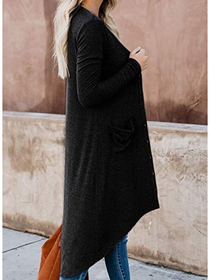 Women's Long Cardigans Button Down High Low Solid Knit Loose Cardigans with Pockets 
