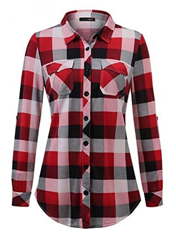 Women’s Roll Up Long Sleeve Collared Button Down Plaid Shirt 