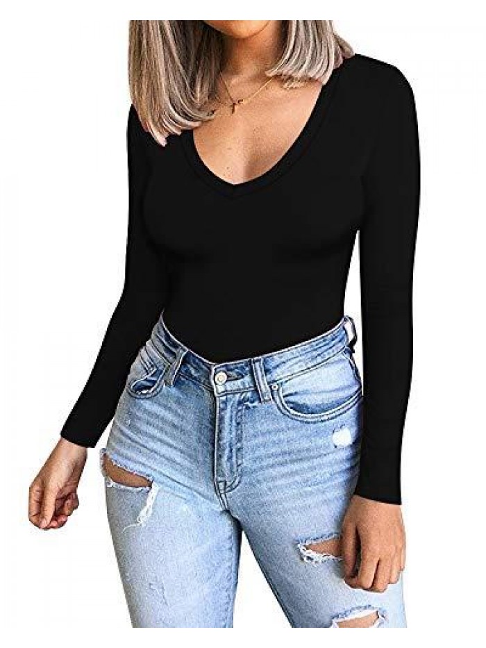 Womens V Neck Long Sleeve Fitted T-Shirt Basic Tee Tops 