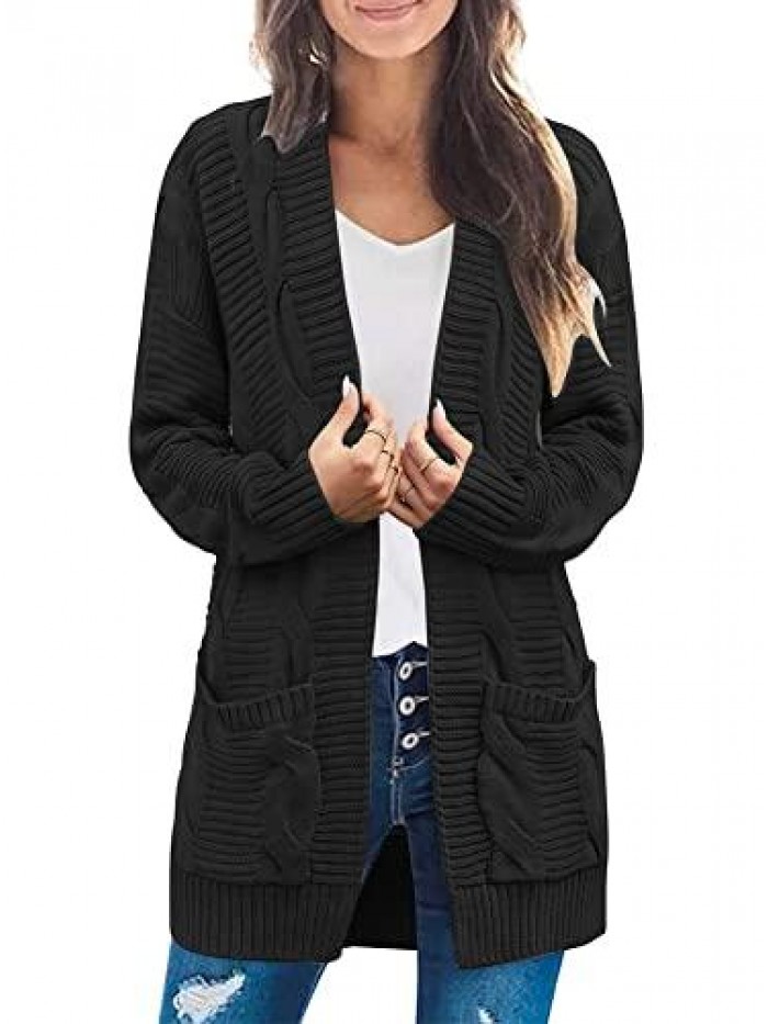 Women's Cable Knit Long Sleeve Cardigans Chunky Open Front Sweater Casual Outwear Coat with Pockets 