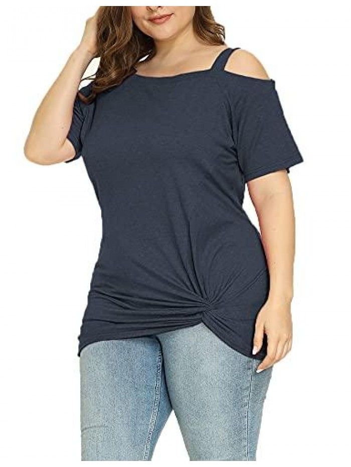 Womens Plus Size Cold Shoulder Tops Short Sleeve Summer Casual Tunics Tops Twist Knot Blouse T-Shirts 