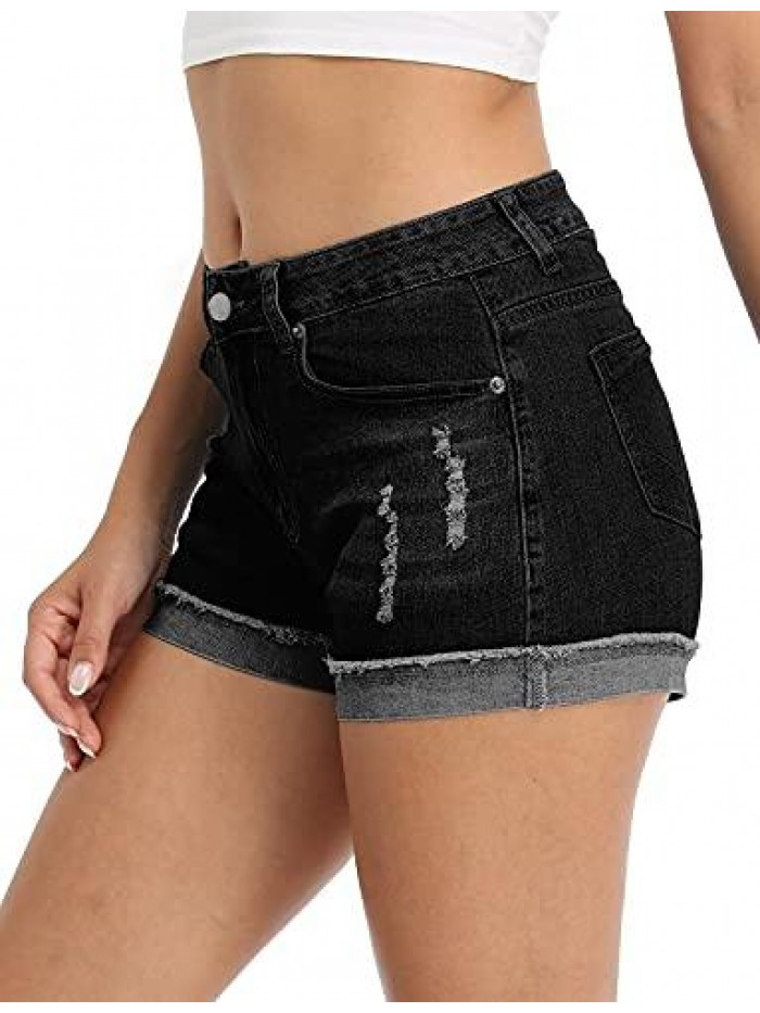 Women's Denim Shorts Folded Hem Casual Summer Short Rolled Jeans Stretchy Mid Waisted Juniors Pants 