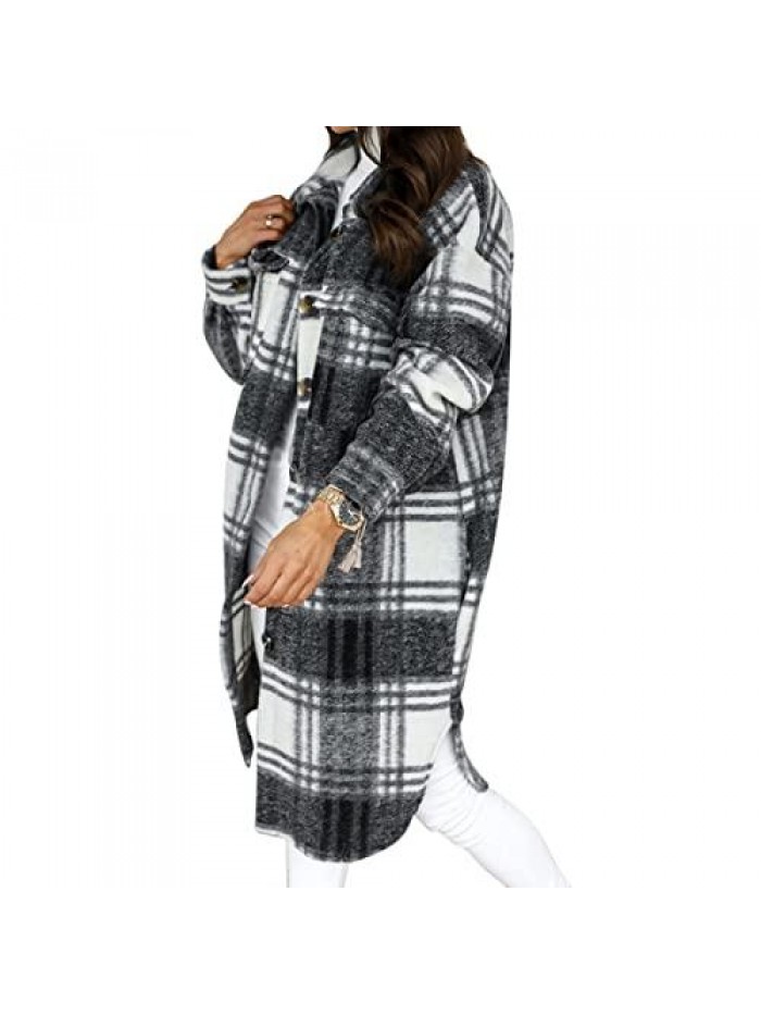 Womens Long Sleeve Button Up Flannel Lapel Plaid Shacket Jacket Coat with Pockets 