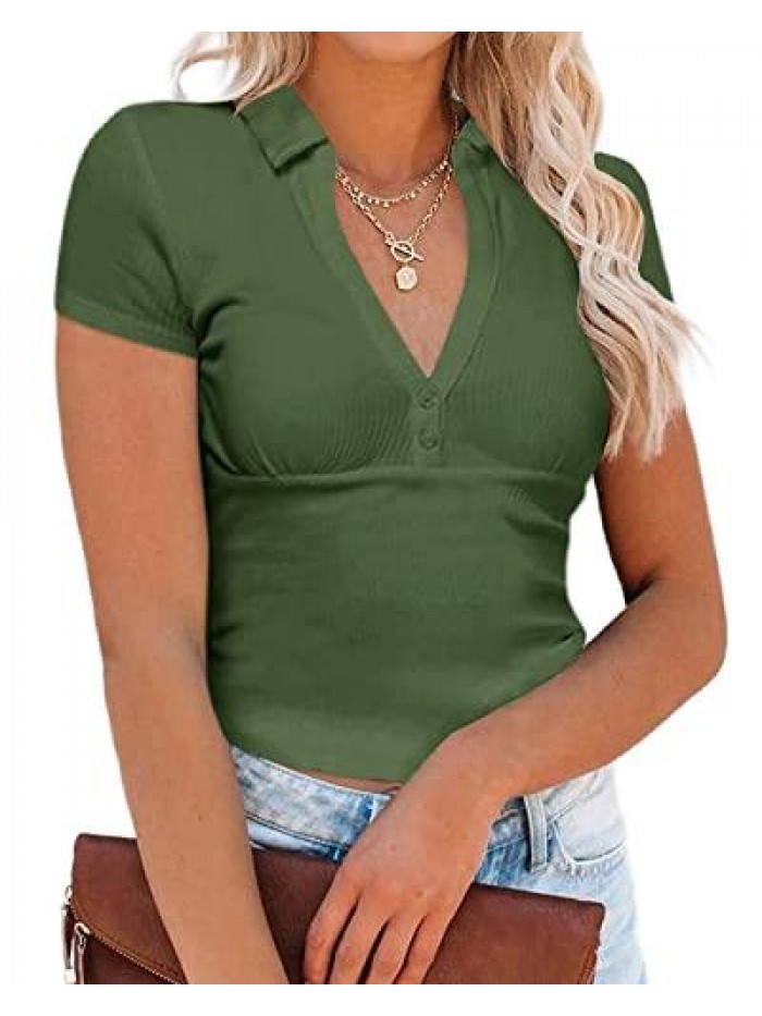 Women's Tight Short Sleeve Crop Tops Button Front Polo Collar V Neck Casual Solid Ribbed Blouses T Shirts Tees 