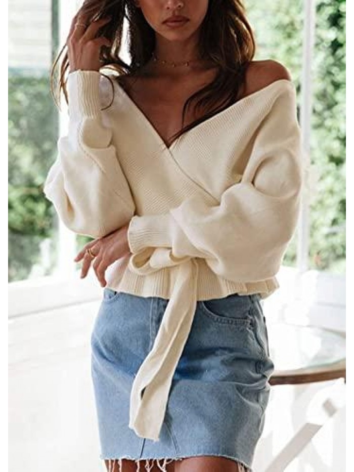 Women's Long Batwing Sleeve Wrap V Neck Belted Waist Ruffle Knitted Pullover Sweater Tops 