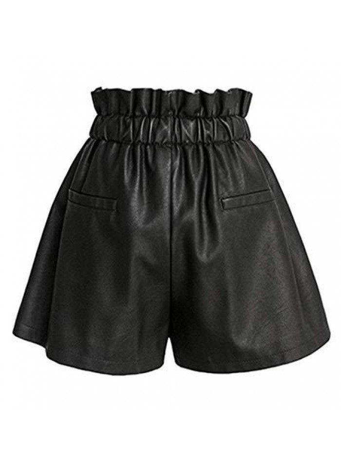 High Waisted Wide Leg Black Faux Leather Shorts for Women 