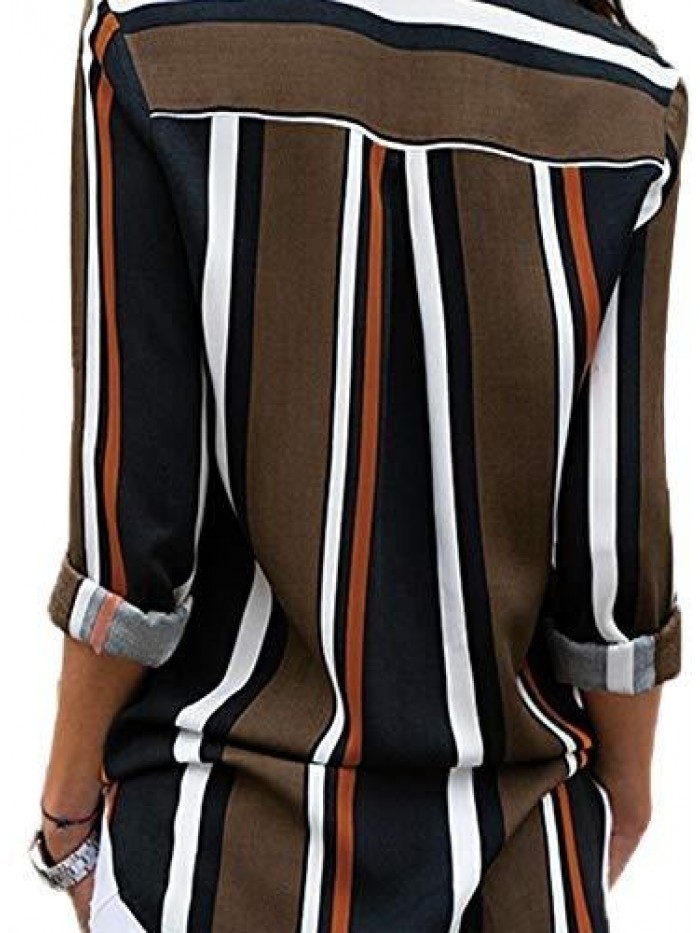 Womens V Neck Striped Roll up Sleeve Button Down Blouses Top 