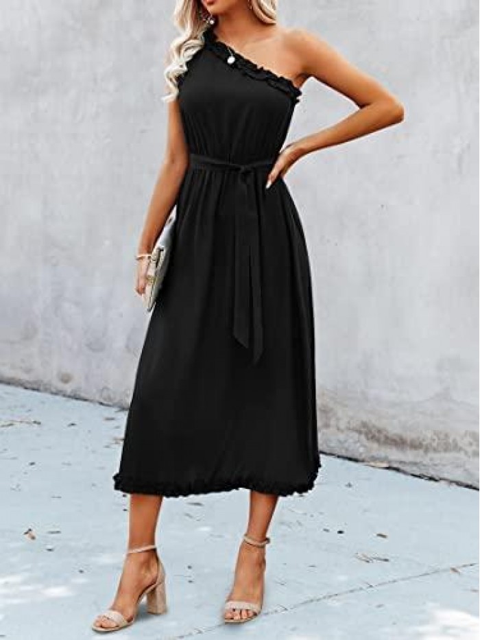 Women’s Sexy One Shoulder Sleeveless Solid Midi Dress Summer Ruffle Elegant Cocktail Long Dress with Waist Belt 