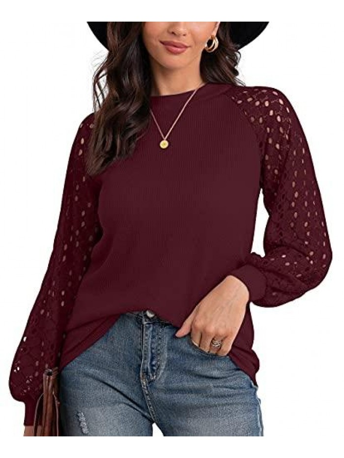 Women's Waffle Knit Blouse Ballon Long Sleeve Lace Tops Casual Loose T Shirts 