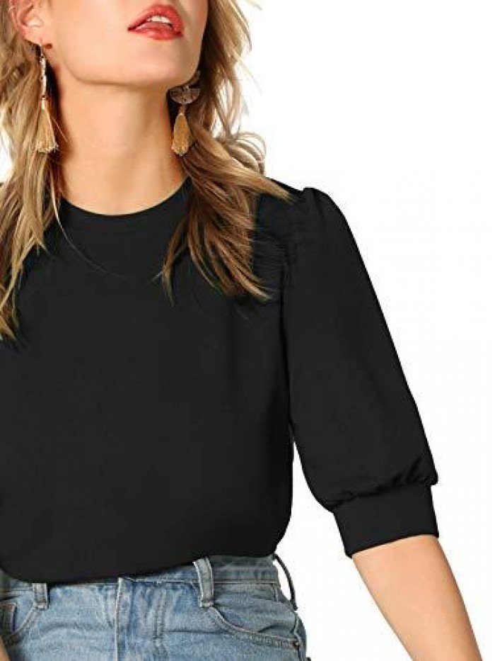 Women's Puff Sleeve Casual Solid Top Pullover Keyhole Back Blouse 