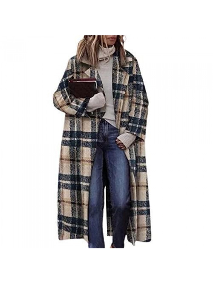 Clothing, Long Sleeve Lapel Women Coat Open Stitch Big Pockets Fashionable Print Long Woolen Coat Outwear 