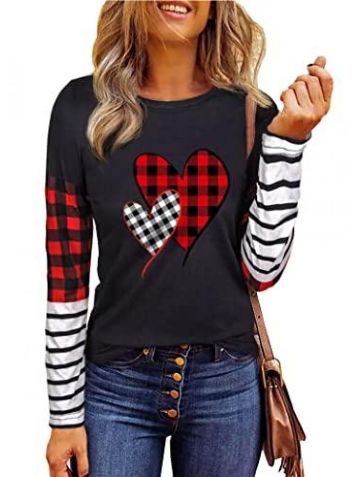 Plaid Love Heart Shirt for Women Valentine's Day Long Sleeve Striped Splicing Blouse Tops Tees 