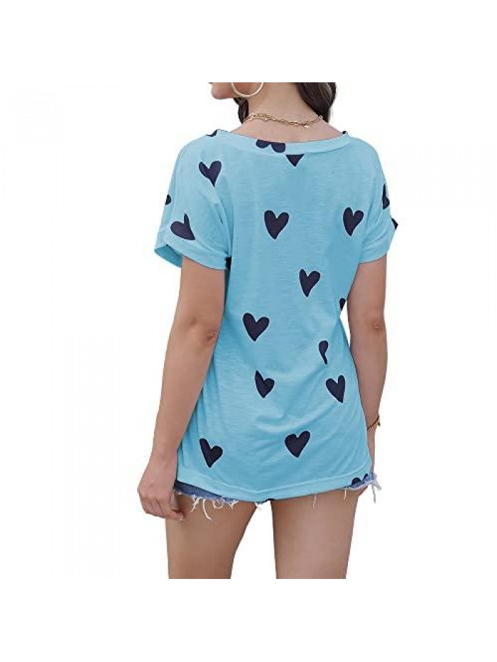 Print Heart V Neck T Shirts Casual Loose Short Sleeve Tee Soft Fashion Shirt Summer Tops 