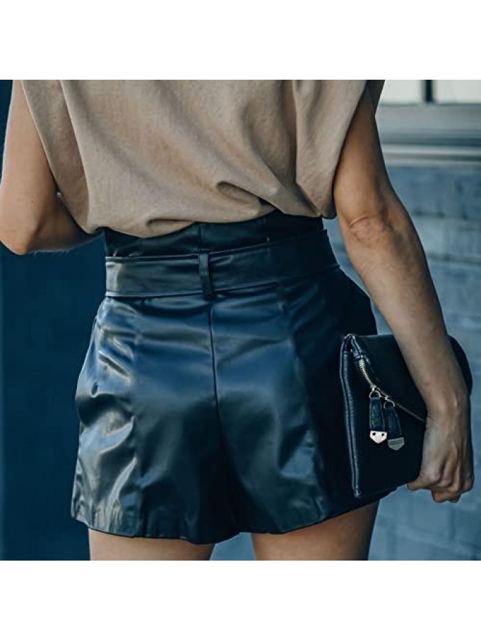 Casual Fashion PU Leather Shorts Solid Color Elastic High Waist Belted Flared Wide Leg Short Trousers 