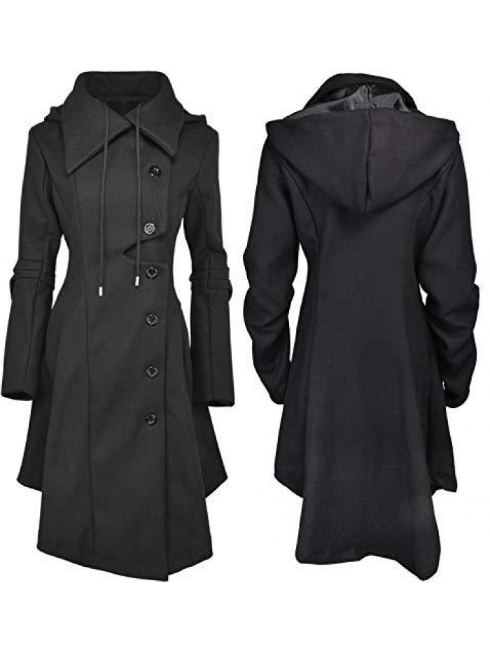Women's Trench Coat Goth Wool Blend Pea Jacket Victorian Long Fitted Trenchcoat Hood Winter Steam Punk Lapel Outwear 
