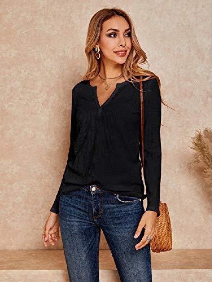 V Neck Shirts Long Sleeve Waffle Knit Loose Fitting Warm Tee Tops Pullover Sweaters 