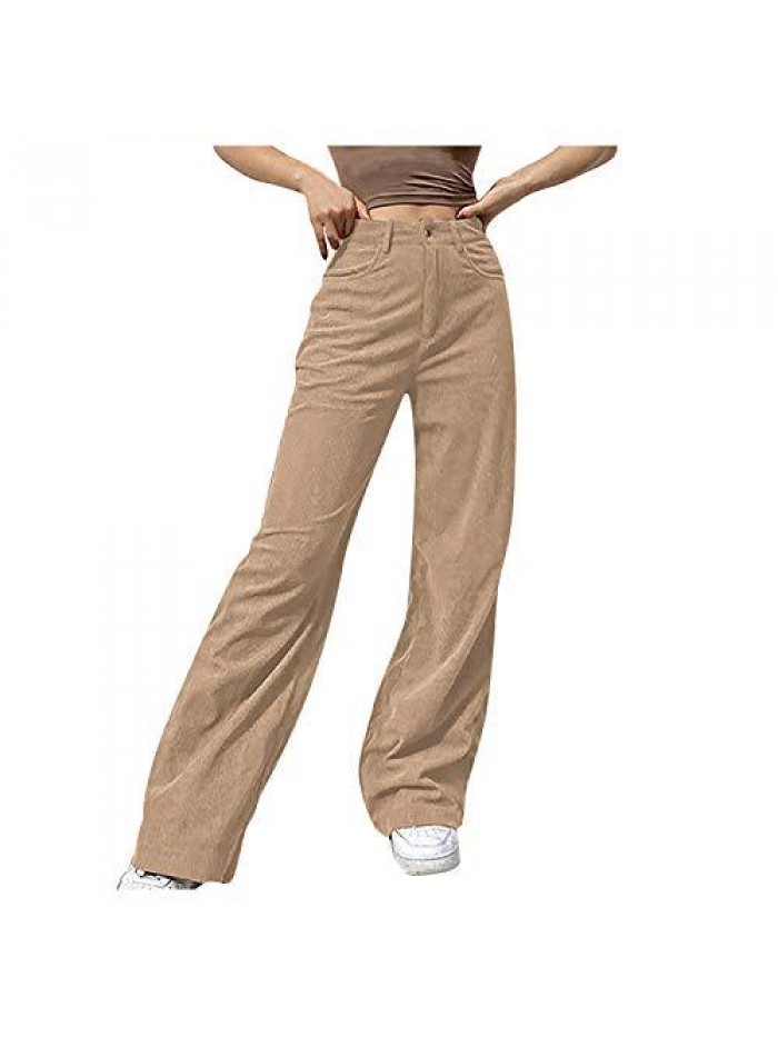 Pants for Women Straight Pockets Corduroy Mid Waist Straight Corduroy Leg Pants Trousers 