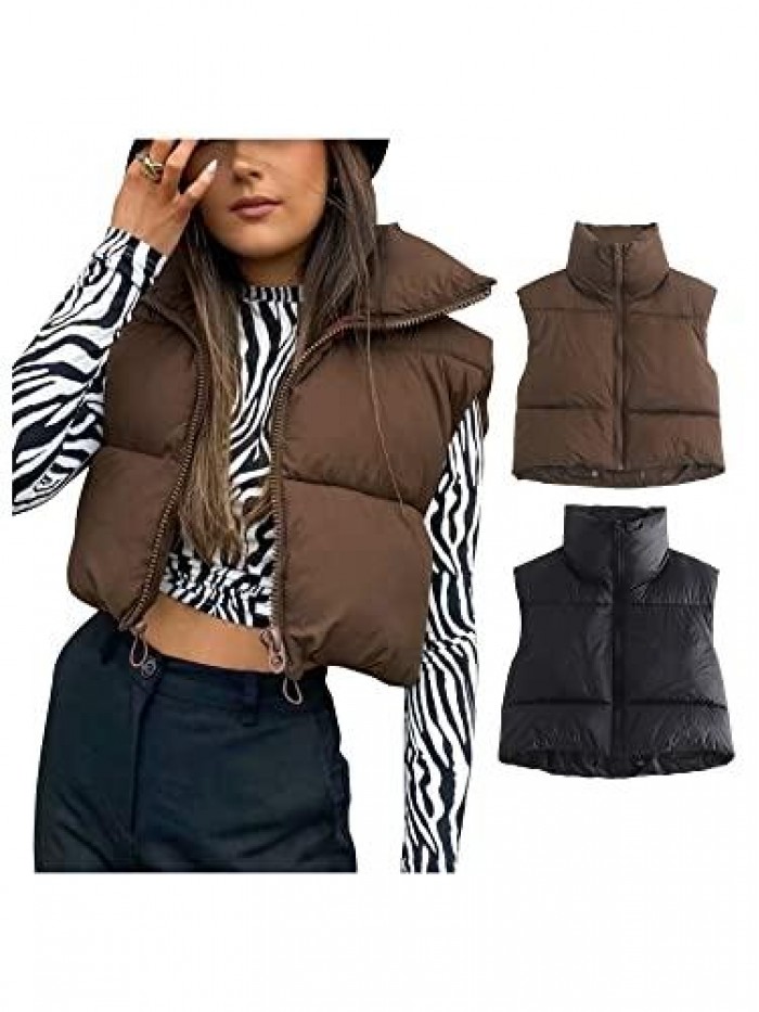 Winter Crop Vest Zip Up Stand Collar Sleeveless Cropped Puffer Vest Lightweight Padded Gilet Warm Outerwear 