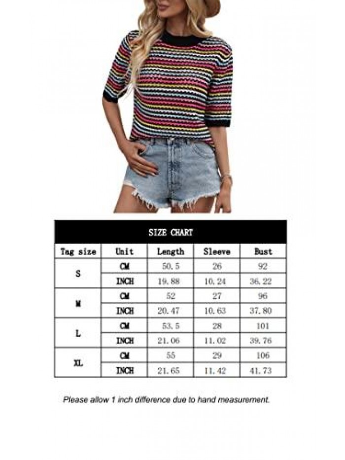 Women's Striped Knitted Shirt Casual Half Sleeve Soft Lightweight Crewneck Sexy Tops Hollow Out Sweater for Women 