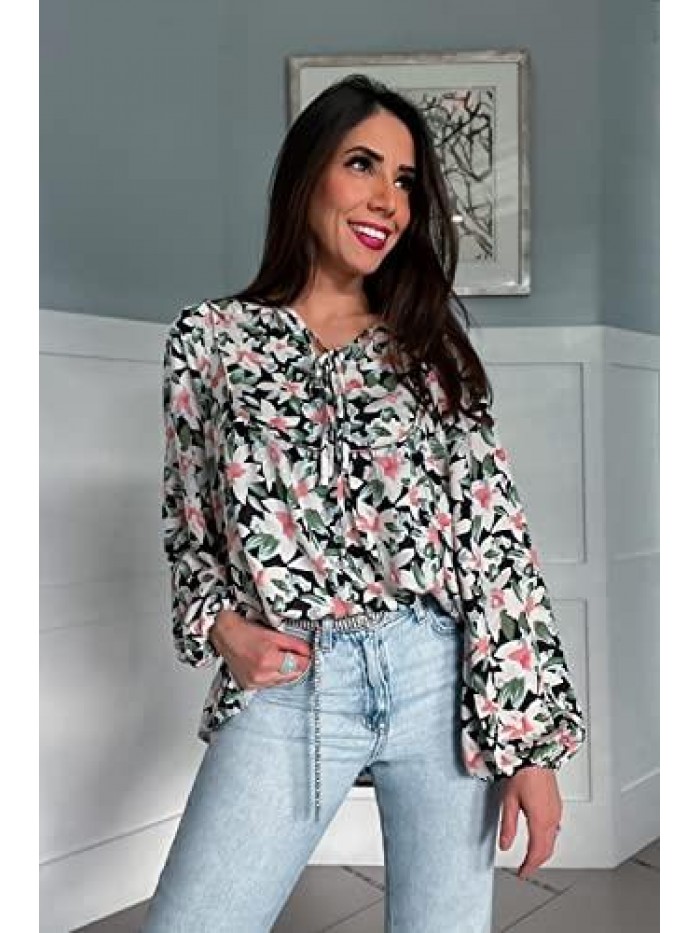 Women's Floral Ruffled Tunic Blouse Tie V Neck Casual Long Sleeve Babydoll Peplum Tops 