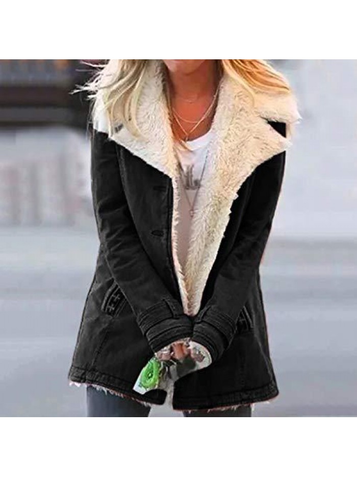 Winter Warm Coats for Women Fleece Lined Thick Jackets Plus Size Outerwear Lapel Overcoat Vintage Parka with Pockets 