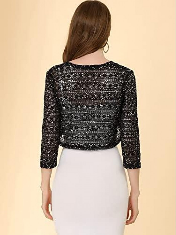 K Shrug Top for Women's Floral Lace 3/4 Sleeve Cropped Bolero Sequin Cardigan 