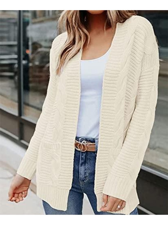 Womens Long Sleeve Cable Knit Cardigan Sweater Casual Loose Open Front Outwear with Pockets 