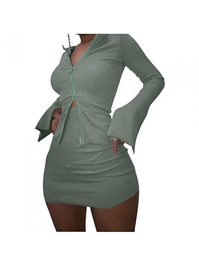 Women Long Sleeve Zipper Cardigan Crop Tops and Skirt Sets Sexy Mini Bodycon Dress 
