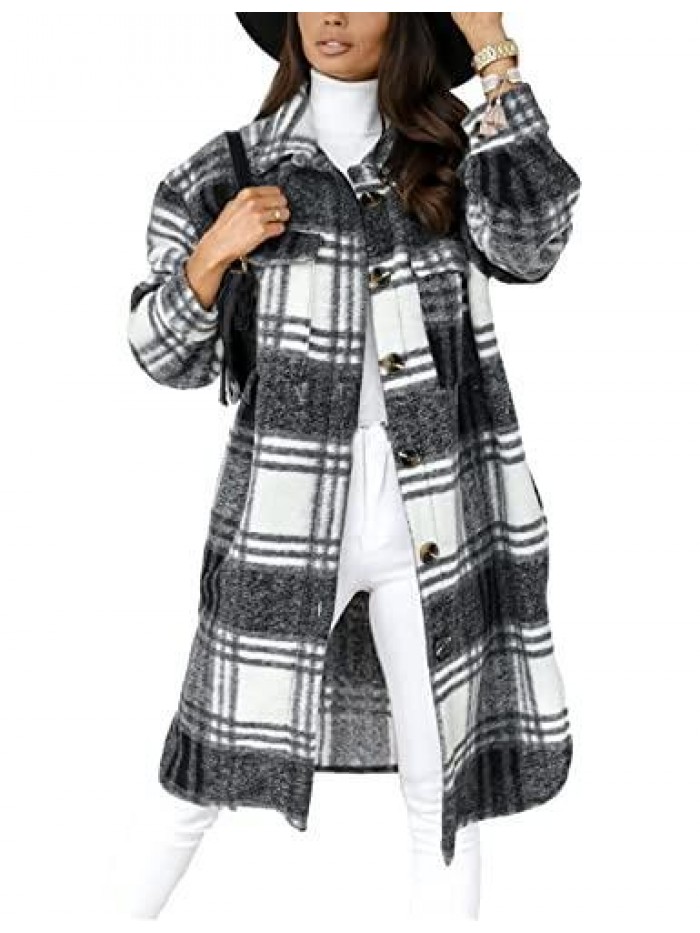 Womens Casual Lapel Button Down Long Plaid Jacket Shacket Tartan Brushed Pocketed Coat 