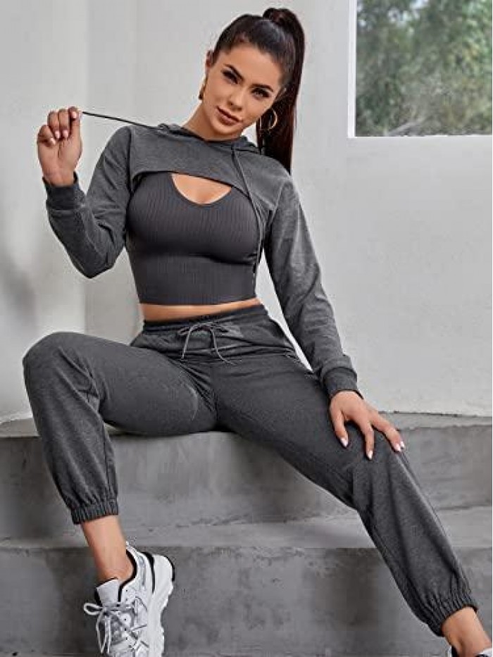 3 Piece Outfits for Women 2 Piece Workout Outfit Long Sleeve Crop Hoodies with Tank Top Loungewear Jogger Set Pockets 