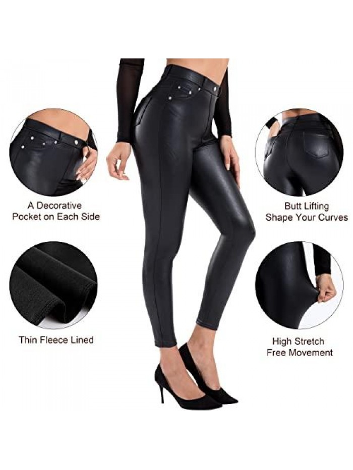 Faux Leather Leggings for Women High Waisted Pleather Pants Stretch Tights with Pockets 