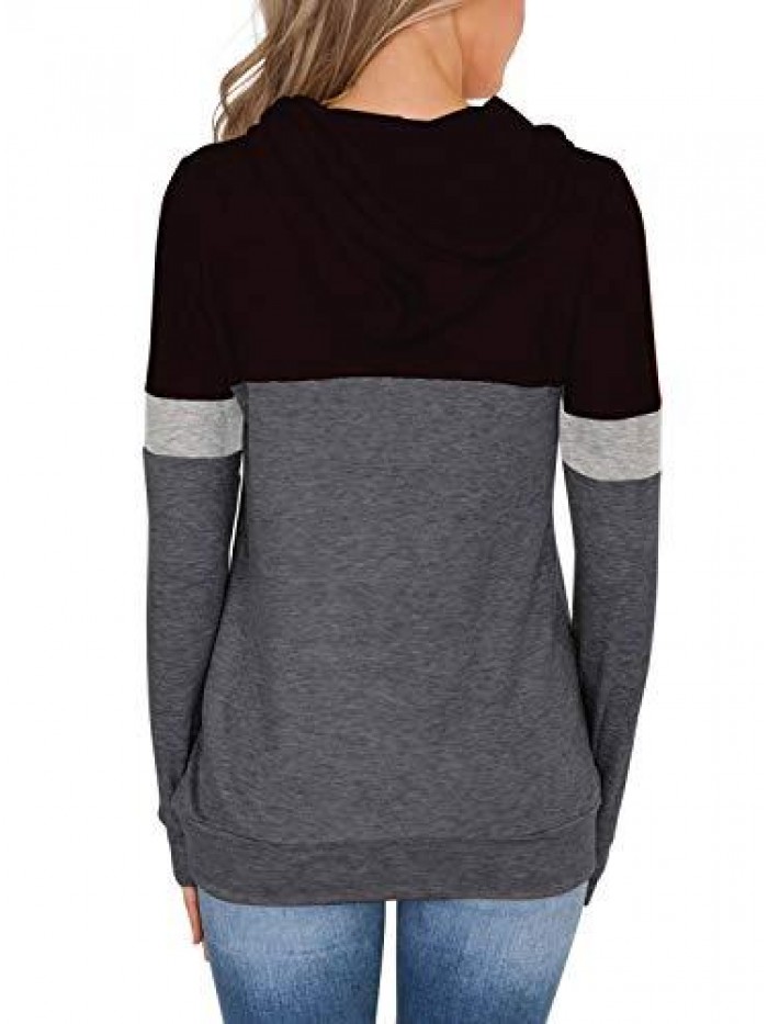 Women's Casual Color Block Hoodies Tops Long Sleeve Drawstring Pullover Sweatshirts with Pocket(S-XXL) 
