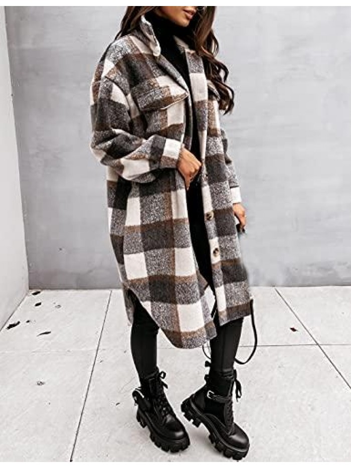 Womens Fall Long Flannel Plaid Grey Shacket Jacket Button UP Shirts Trench Coat 
