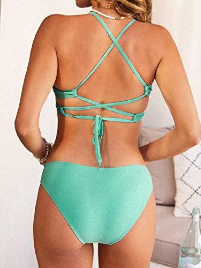 Women's Bikini Set Swimsuit Spaghetti Strap Scoop Neck Crisscross Tie Back 