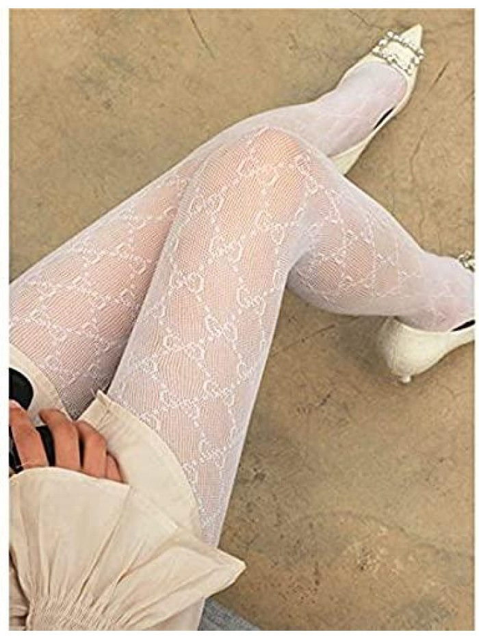 2 Pieces Women's Sexy Letter Fishnet Stockings, Leggings, Pantyhose with Letters Tights High-Waist Jumpsuit, Lace Tights, Sports Pants Nylon (Black+White)