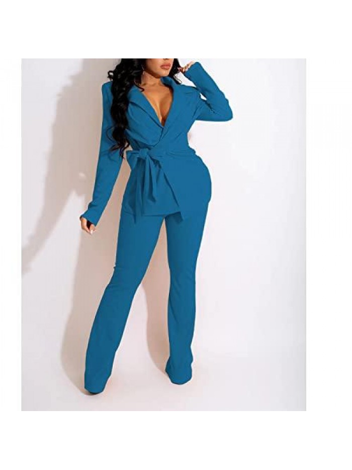 2 Piece Outfits for Women V Neck Blazer Jacket with Pants Belted Solid Casual Business Suit Sets 