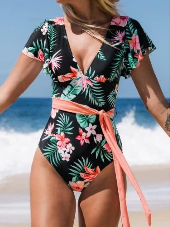 Women V Neck Ruffle One Piece Swimsuit Tropical Floral Print Bathing Suit with Removed Waist Tie 