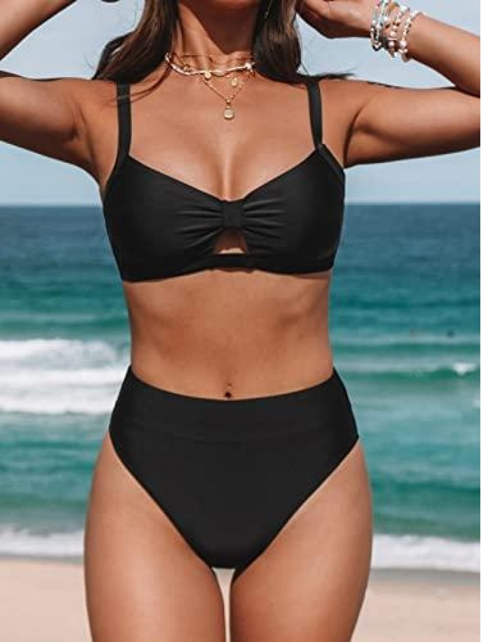 Women Knot Front Bralette and High Waist Bikini Set Banded Design Two Piece Bathing Suit Black 