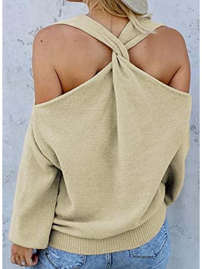 Criss Cross V Back Sweaters for Women Long Sleeve Crewneck Knitted Pullover Casual Loose Jumper Tops 