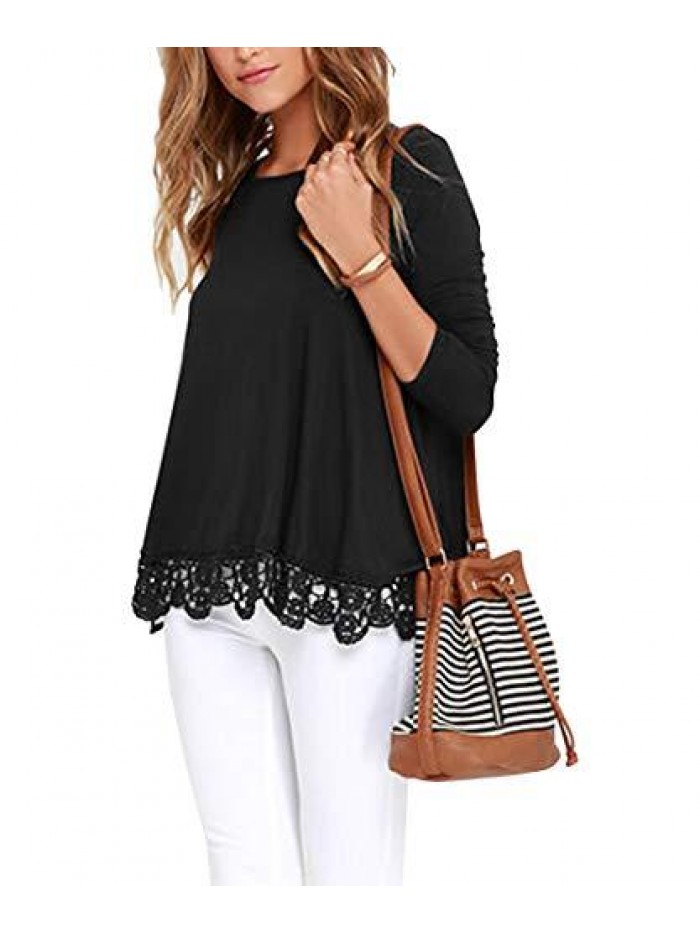 Women's Tops Short Sleeve//Long Sleeve Lace Trim O-Neck A Line Tunic Blouse 