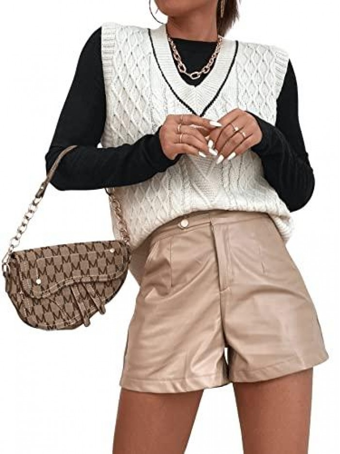 Women's Plaid Geo Sleeveless V Neck Knit Crop Top Sweater Vest 